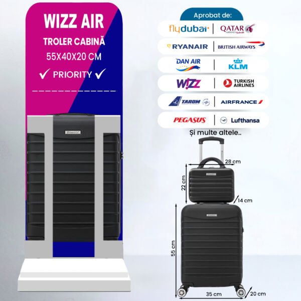 Set troler cabina cu geanta cosmetice Quasar & Co.®, valiza cabina avion, 55x36x20/28x22x14cm, 4 roti duble 360°, bagaj de mana, troller cu fermoar antifurt, cifru, maner telescopic lung, geamantan ABS 2.8 mm, LINE, Negru - imagine 2