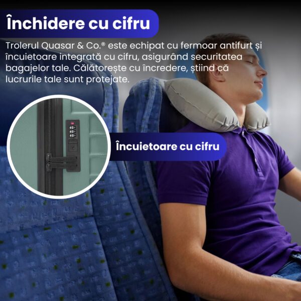 Set troler cabina cu geanta cosmetice Quasar & Co.®, valiza cabina avion, 55x36x20/28x22x14cm, 4 roti duble 360°, bagaj de mana, troller cu fermoar antifurt, cifru, maner telescopic lung, geamantan ABS 2.8 mm, LINE, Turcoaz deschis - imagine 4