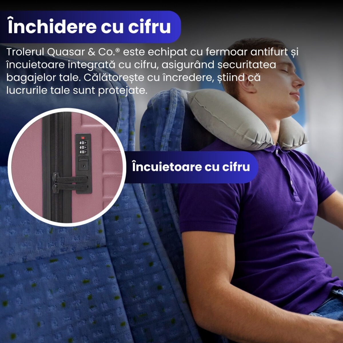 Set troler cabina cu geanta cosmetice Quasar & Co.®, valiza cabina avion, 55x36x20/28x22x14cm, 4 roti duble 360°, bagaj de mana, troller cu fermoar antifurt, cifru, maner telescopic lung, geamantan ABS 2.8 mm, LINE, Roz pudrat 4