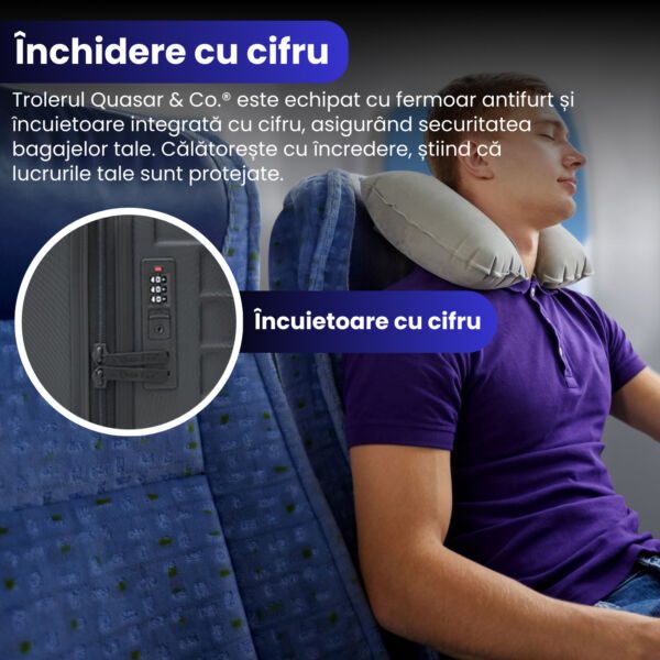 Set troler cabina cu geanta cosmetice Quasar & Co.®, valiza cabina avion, 55x36x20/28x22x14cm, 4 roti duble 360°, bagaj de mana, troller cu fermoar antifurt, cifru, maner telescopic lung, geamantan ABS 2.8 mm, LINE, Negru - imagine 4