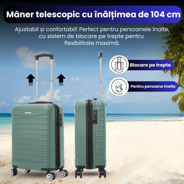 Set troler cabina cu geanta cosmetice Quasar & Co.®, valiza cabina avion, 55x36x20/28x22x14cm, 4 roti duble 360°, bagaj de mana, troller cu fermoar antifurt, cifru, maner telescopic lung, geamantan ABS 2.8 mm, LINE, Turcoaz deschis - imagine 5