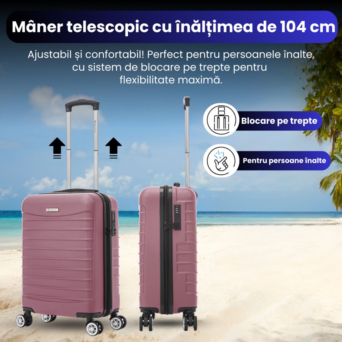 Set troler cabina cu geanta cosmetice Quasar & Co.®, valiza cabina avion, 55x36x20/28x22x14cm, 4 roti duble 360°, bagaj de mana, troller cu fermoar antifurt, cifru, maner telescopic lung, geamantan ABS 2.8 mm, LINE, Roz pudrat 5