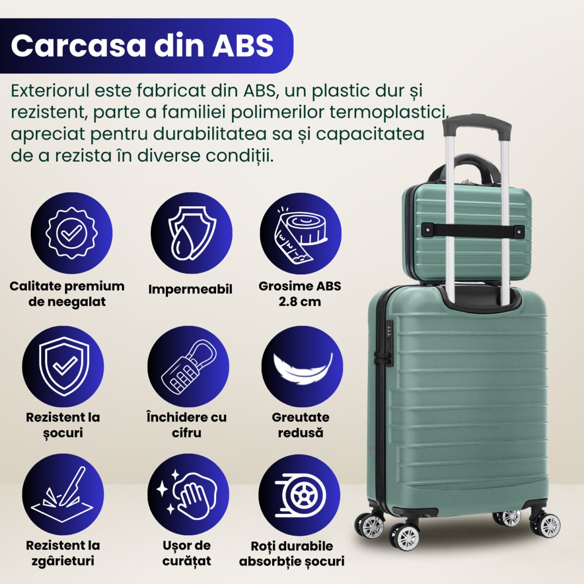 Set troler cabina cu geanta cosmetice Quasar & Co.®, valiza cabina avion, 55x36x20/28x22x14cm, 4 roti duble 360°, bagaj de mana, troller cu fermoar antifurt, cifru, maner telescopic lung, geamantan ABS 2.8 mm, LINE, Turcoaz deschis 6
