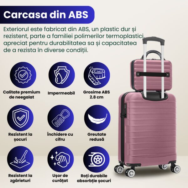 Set troler cabina cu geanta cosmetice Quasar & Co.®, valiza cabina avion, 55x36x20/28x22x14cm, 4 roti duble 360°, bagaj de mana, troller cu fermoar antifurt, cifru, maner telescopic lung, geamantan ABS 2.8 mm, LINE, Roz pudrat - imagine 6