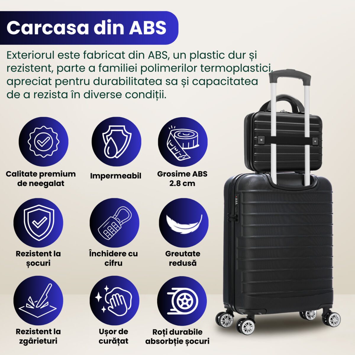 Set troler cabina cu geanta cosmetice Quasar & Co.®, valiza cabina avion, 55x36x20/28x22x14cm, 4 roti duble 360°, bagaj de mana, troller cu fermoar antifurt, cifru, maner telescopic lung, geamantan ABS 2.8 mm, LINE, Negru 6 Set troler cabina cu geanta cosmetice Quasar & Co.®, valiza cabina avion, 55x36x20/28x22x14cm, 4 roti duble 360°, bagaj de mana, troller cu fermoar antifurt, cifru, maner telescopic lung, geamantan ABS 2.8 mm, LINE, Negru 6