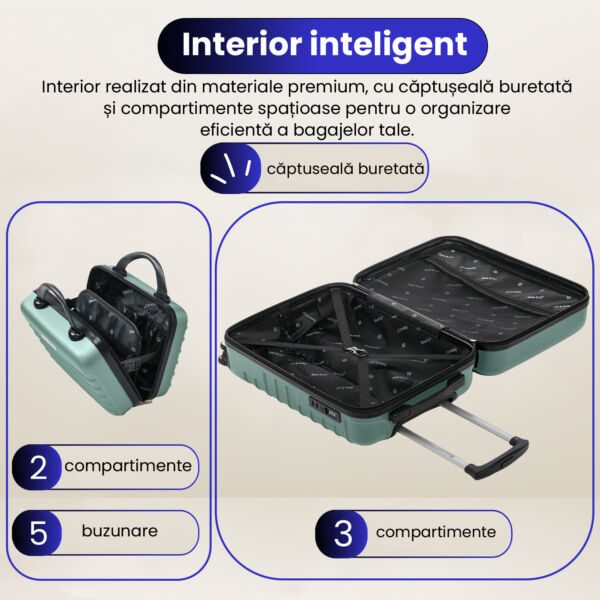 Set troler cabina cu geanta cosmetice Quasar & Co.®, valiza cabina avion, 55x36x20/28x22x14cm, 4 roti duble 360°, bagaj de mana, troller cu fermoar antifurt, cifru, maner telescopic lung, geamantan ABS 2.8 mm, LINE, Turcoaz deschis - imagine 7