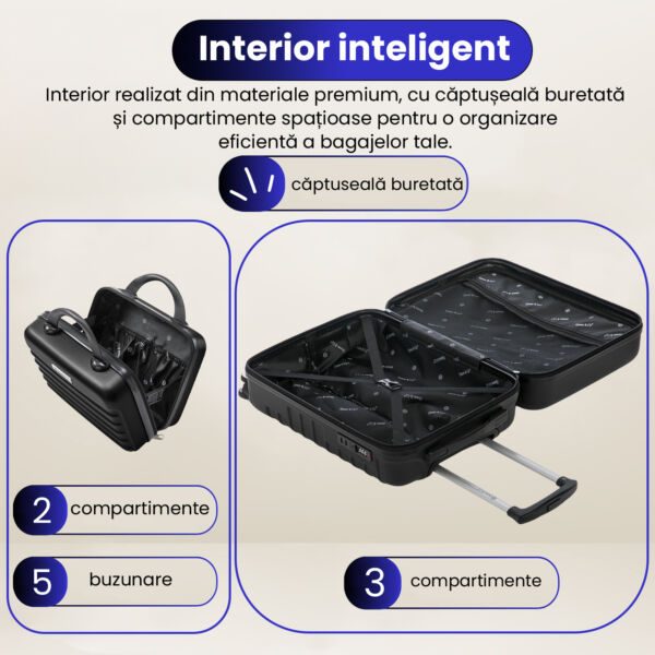 Set troler cabina cu geanta cosmetice Quasar & Co.®, valiza cabina avion, 55x36x20/28x22x14cm, 4 roti duble 360°, bagaj de mana, troller cu fermoar antifurt, cifru, maner telescopic lung, geamantan ABS 2.8 mm, LINE, Negru - imagine 7