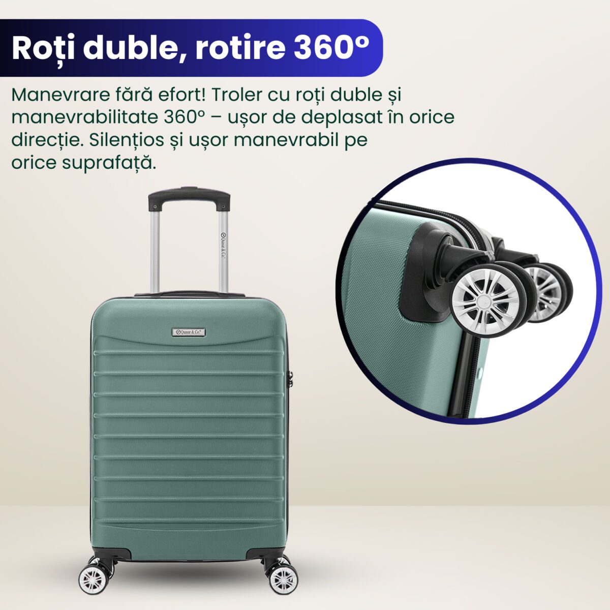 Set troler cabina cu geanta cosmetice Quasar & Co.®, valiza cabina avion, 55x36x20/28x22x14cm, 4 roti duble 360°, bagaj de mana, troller cu fermoar antifurt, cifru, maner telescopic lung, geamantan ABS 2.8 mm, LINE, Turcoaz deschis 8