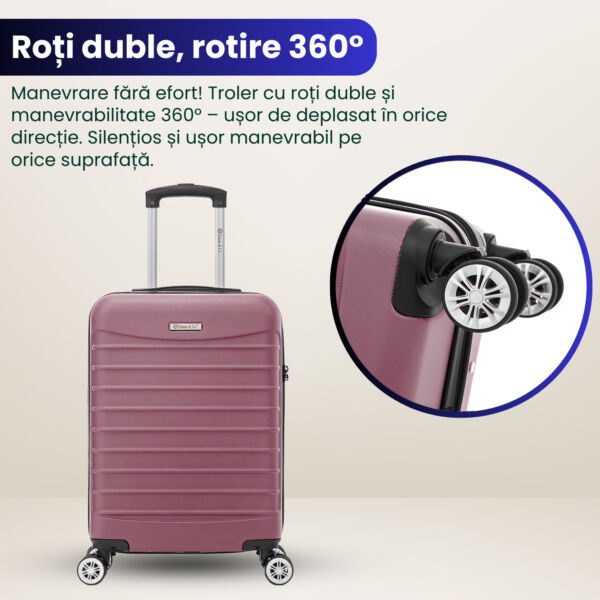 Set troler cabina cu geanta cosmetice Quasar & Co.®, valiza cabina avion, 55x36x20/28x22x14cm, 4 roti duble 360°, bagaj de mana, troller cu fermoar antifurt, cifru, maner telescopic lung, geamantan ABS 2.8 mm, LINE, Roz pudrat - imagine 8