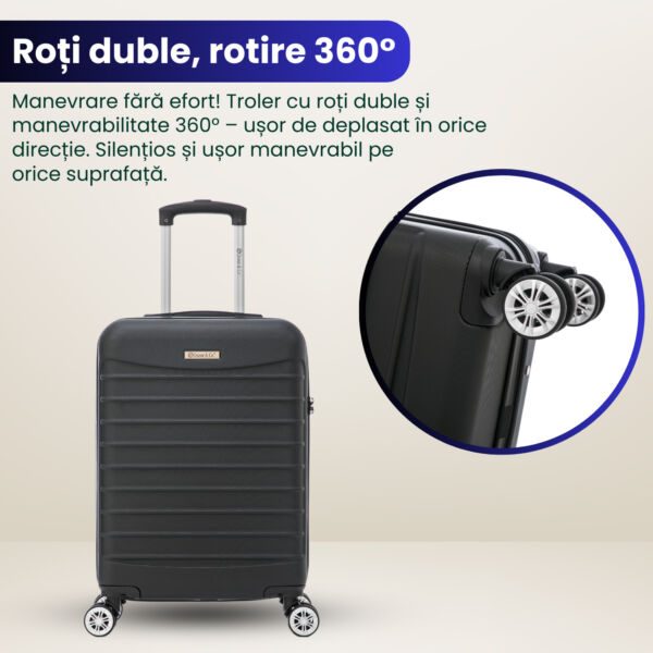 Set troler cabina cu geanta cosmetice Quasar & Co.®, valiza cabina avion, 55x36x20/28x22x14cm, 4 roti duble 360°, bagaj de mana, troller cu fermoar antifurt, cifru, maner telescopic lung, geamantan ABS 2.8 mm, LINE, Negru - imagine 8