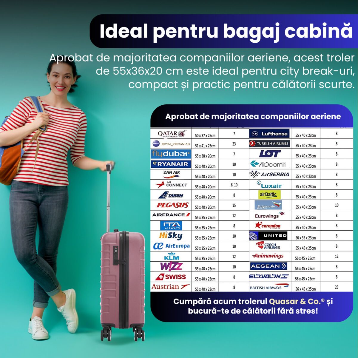 Set troler cabina cu geanta cosmetice Quasar & Co.®, valiza cabina avion, 55x36x20/28x22x14cm, 4 roti duble 360°, bagaj de mana, troller cu fermoar antifurt, cifru, maner telescopic lung, geamantan ABS 2.8 mm, LINE, Roz pudrat 10