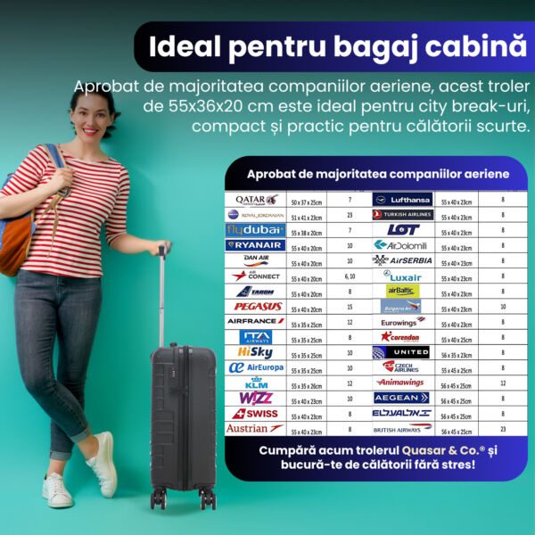 Set troler cabina cu geanta cosmetice Quasar & Co.®, valiza cabina avion, 55x36x20/28x22x14cm, 4 roti duble 360°, bagaj de mana, troller cu fermoar antifurt, cifru, maner telescopic lung, geamantan ABS 2.8 mm, LINE, Negru - imagine 10