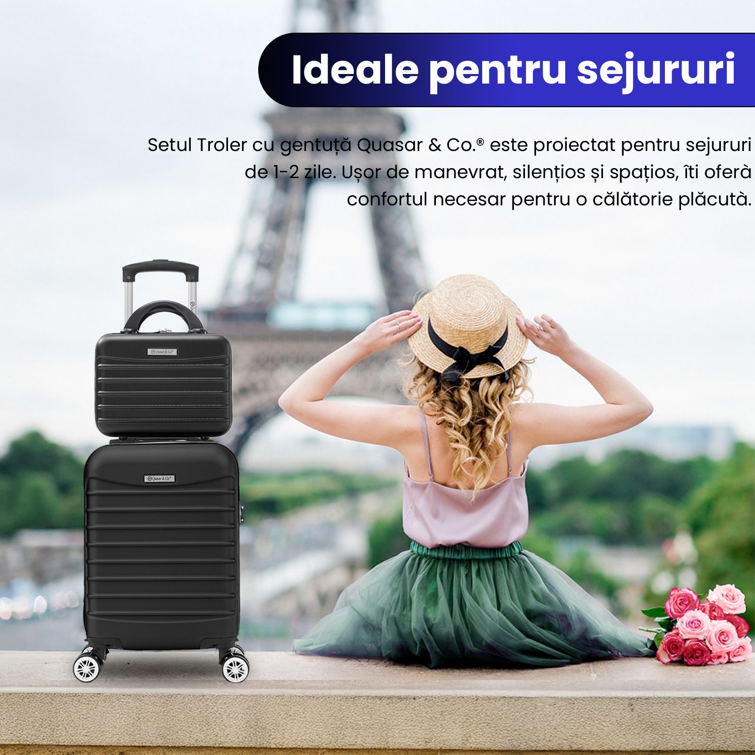 Set troler cabina cu geanta cosmetice Quasar & Co.®, valiza cabina avion, 40x30x20cm/28x22x14cm, 4 roti duble detasabile 360°, bagaj de mana, troller cu fermoar antifurt, cifru, maner telescopic lung, geamantan ABS 2.8 mm, LINE, Negru 12