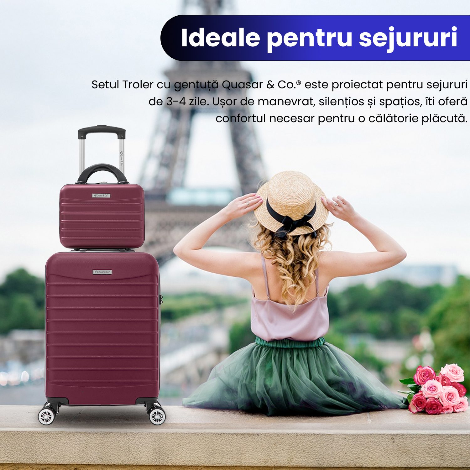 A1 Set troler cabina cu geanta cosmetice Quasar & Co.®, valiza cabina avion, 55x36x20/28x22x14cm, 4 roti duble 360°, bagaj de mana, troller cu fermoar antifurt, cifru, maner telescopic lung, geamantan ABS 2.8 mm, LINE, Visiniu 13
