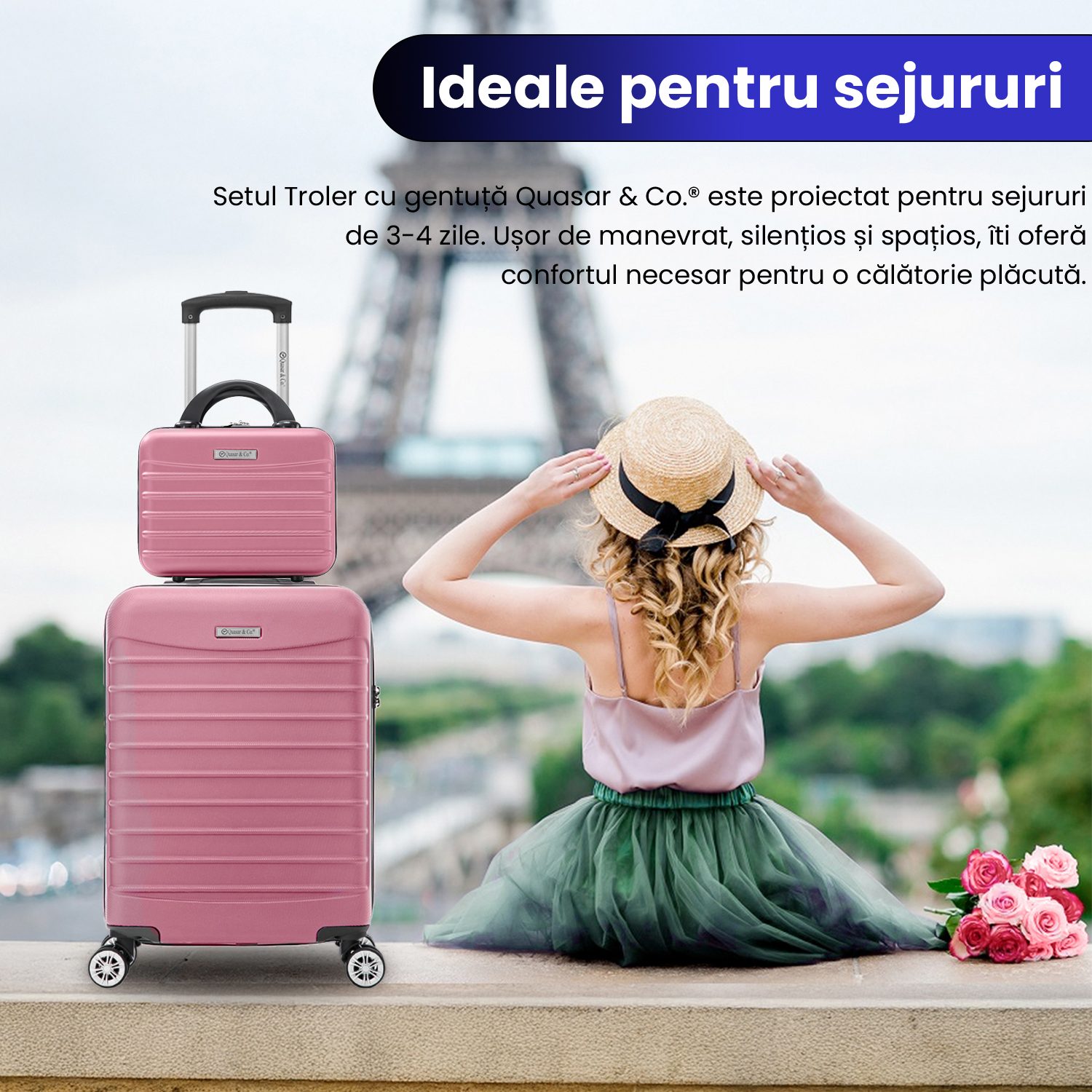 Set troler cabina cu geanta cosmetice Quasar & Co.®, valiza cabina avion, 55x36x20/28x22x14cm, 4 roti duble 360°, bagaj de mana, troller cu fermoar antifurt, cifru, maner telescopic lung, geamantan ABS 2.8 mm, LINE, Roz pudrat 13