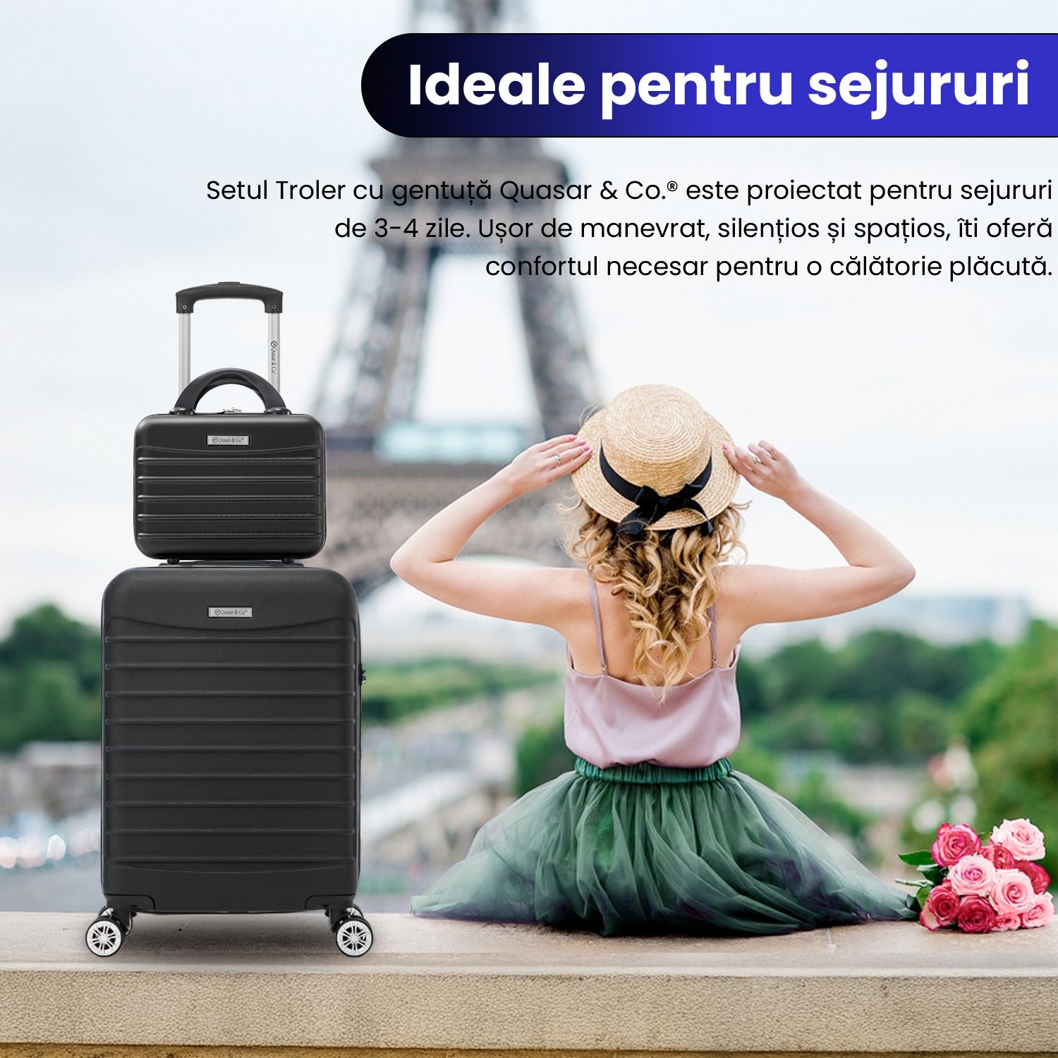 A1 Set troler cabina cu geanta cosmetice Quasar & Co.®, valiza cabina avion, 55x36x20/28x22x14cm, 4 roti duble 360°, bagaj de mana, troller cu fermoar antifurt, cifru, maner telescopic lung, geamantan ABS 2.8 mm, LINE, Negru 13