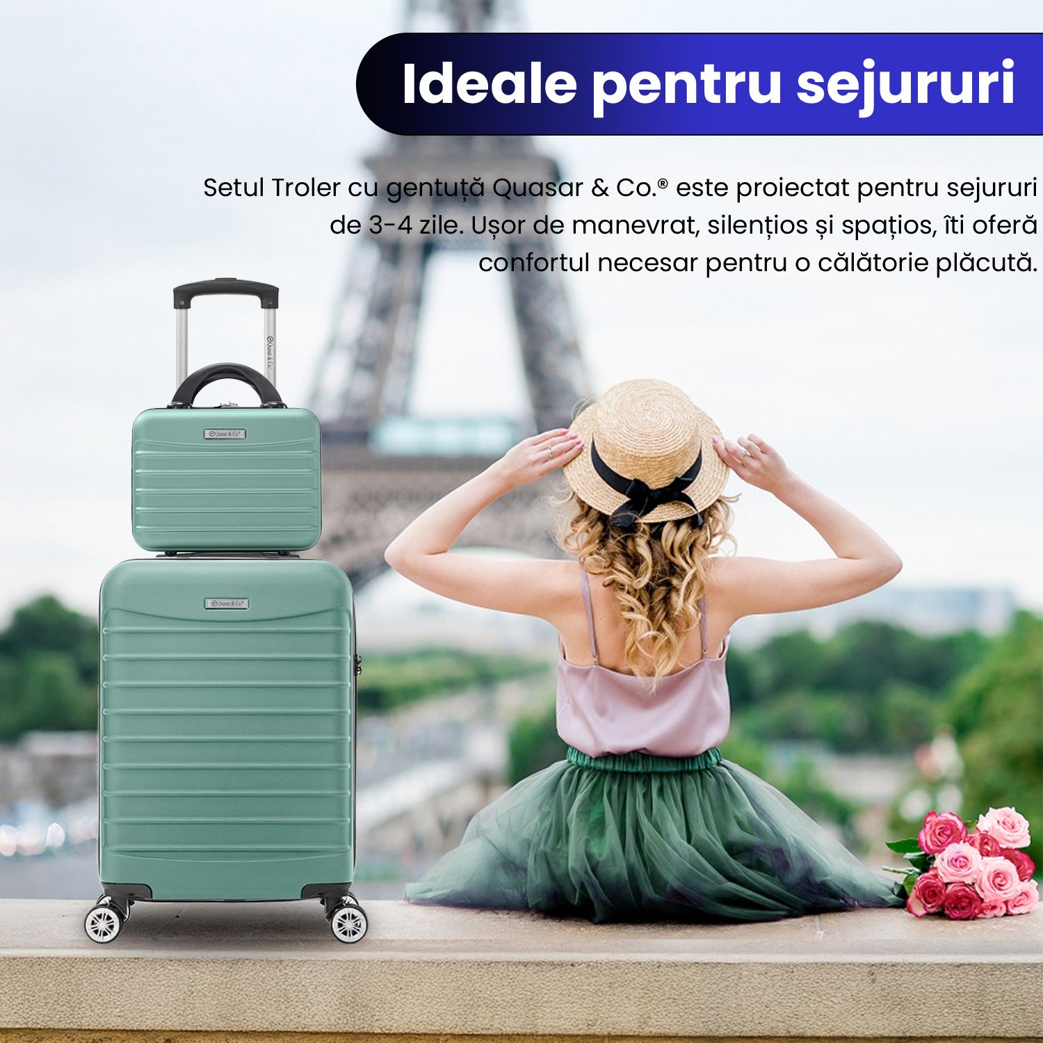 Set troler cabina cu geanta cosmetice Quasar & Co.®, valiza cabina avion, 55x36x20/28x22x14cm, 4 roti duble 360°, bagaj de mana, troller cu fermoar antifurt, cifru, maner telescopic lung, geamantan ABS 2.8 mm, LINE, Turcoaz deschis 13