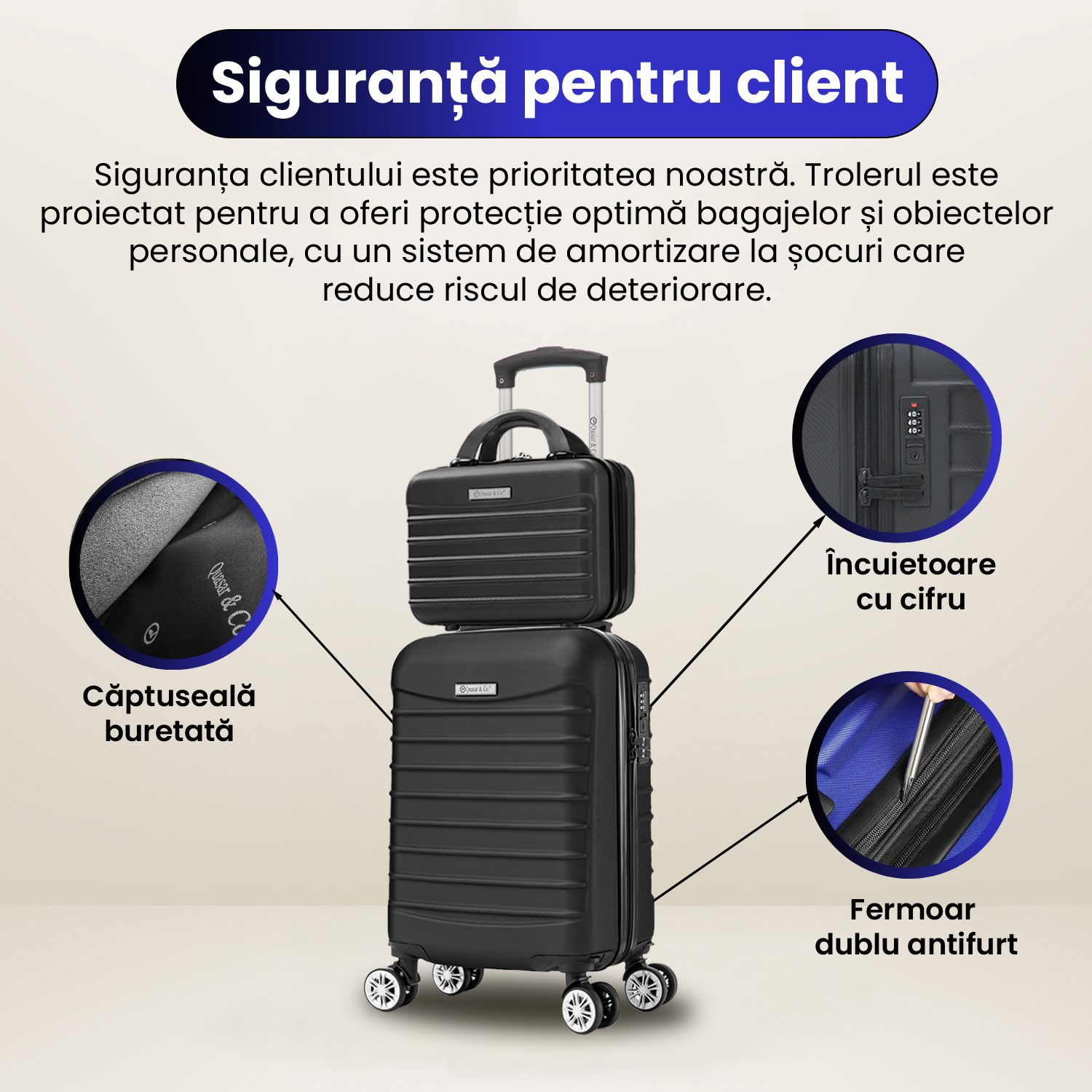 Set troler cabina cu geanta cosmetice Quasar & Co.®, valiza cabina avion, 40x30x20cm/28x22x14cm, 4 roti duble detasabile 360°, bagaj de mana, troller cu fermoar antifurt, cifru, maner telescopic lung, geamantan ABS 2.8 mm, LINE, Negru 13