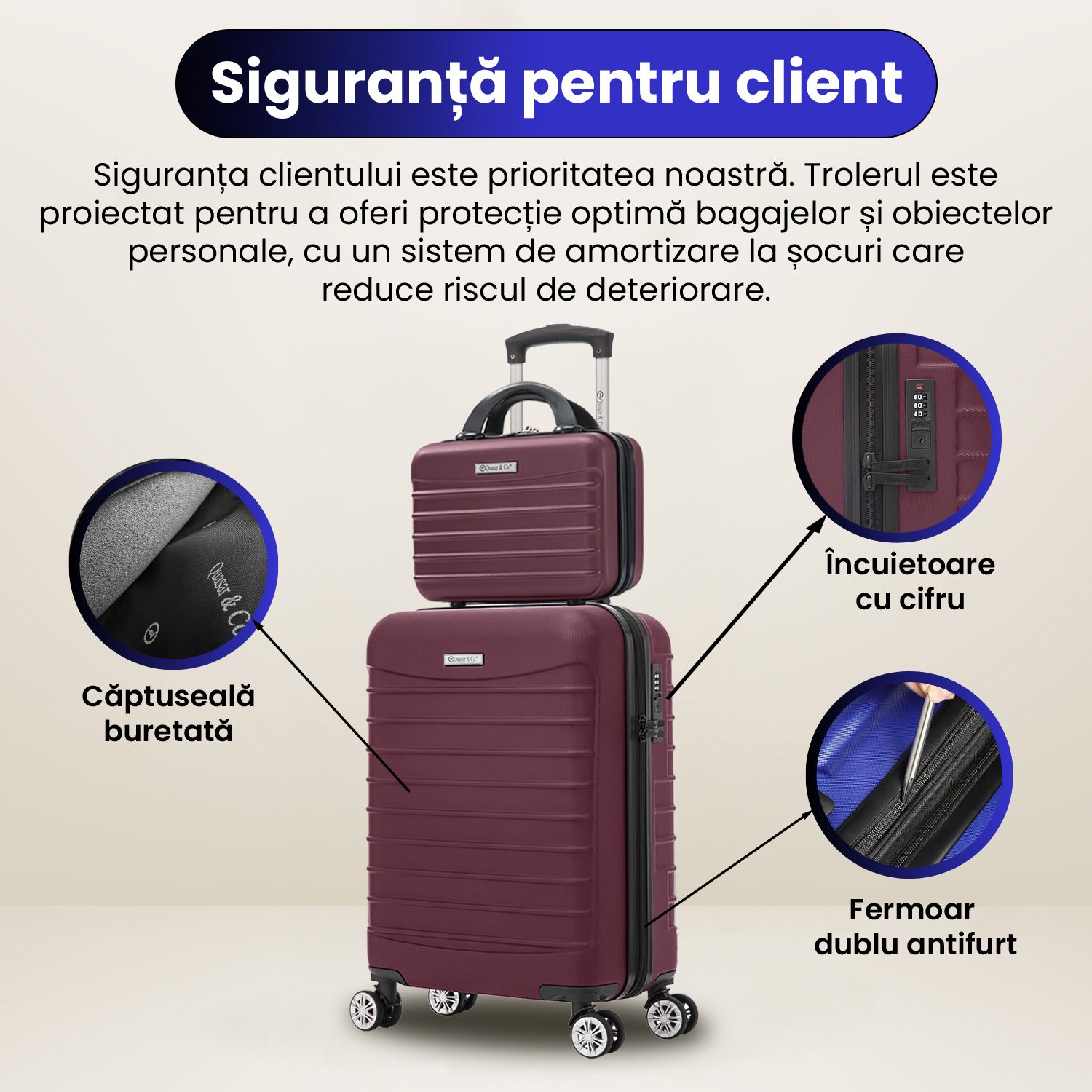 A2 Set troler cabina cu geanta cosmetice Quasar & Co.®, valiza cabina avion, 55x36x20/28x22x14cm, 4 roti duble 360°, bagaj de mana, troller cu fermoar antifurt, cifru, maner telescopic lung, geamantan ABS 2.8 mm, LINE, Visiniu 14