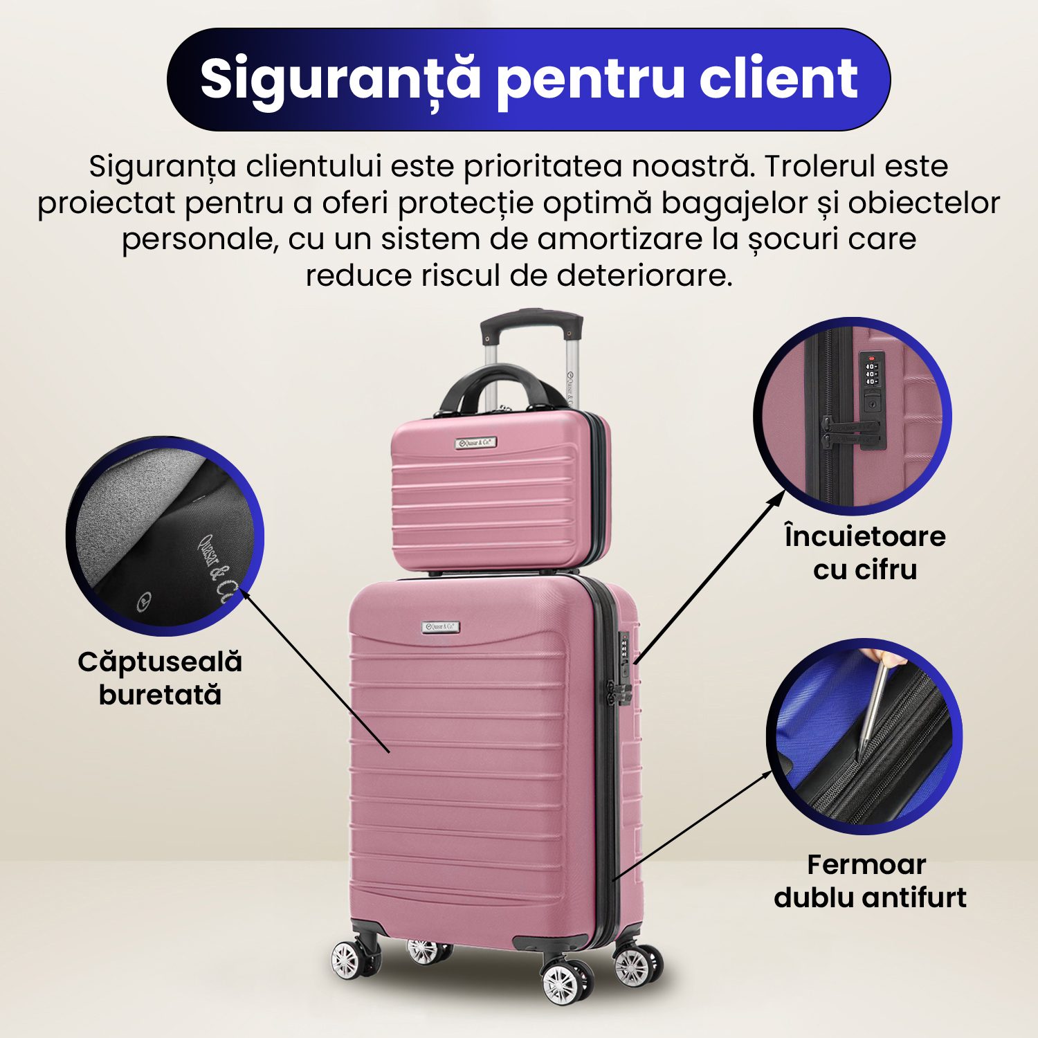 Set troler cabina cu geanta cosmetice Quasar & Co.®, valiza cabina avion, 55x36x20/28x22x14cm, 4 roti duble 360°, bagaj de mana, troller cu fermoar antifurt, cifru, maner telescopic lung, geamantan ABS 2.8 mm, LINE, Roz pudrat 14