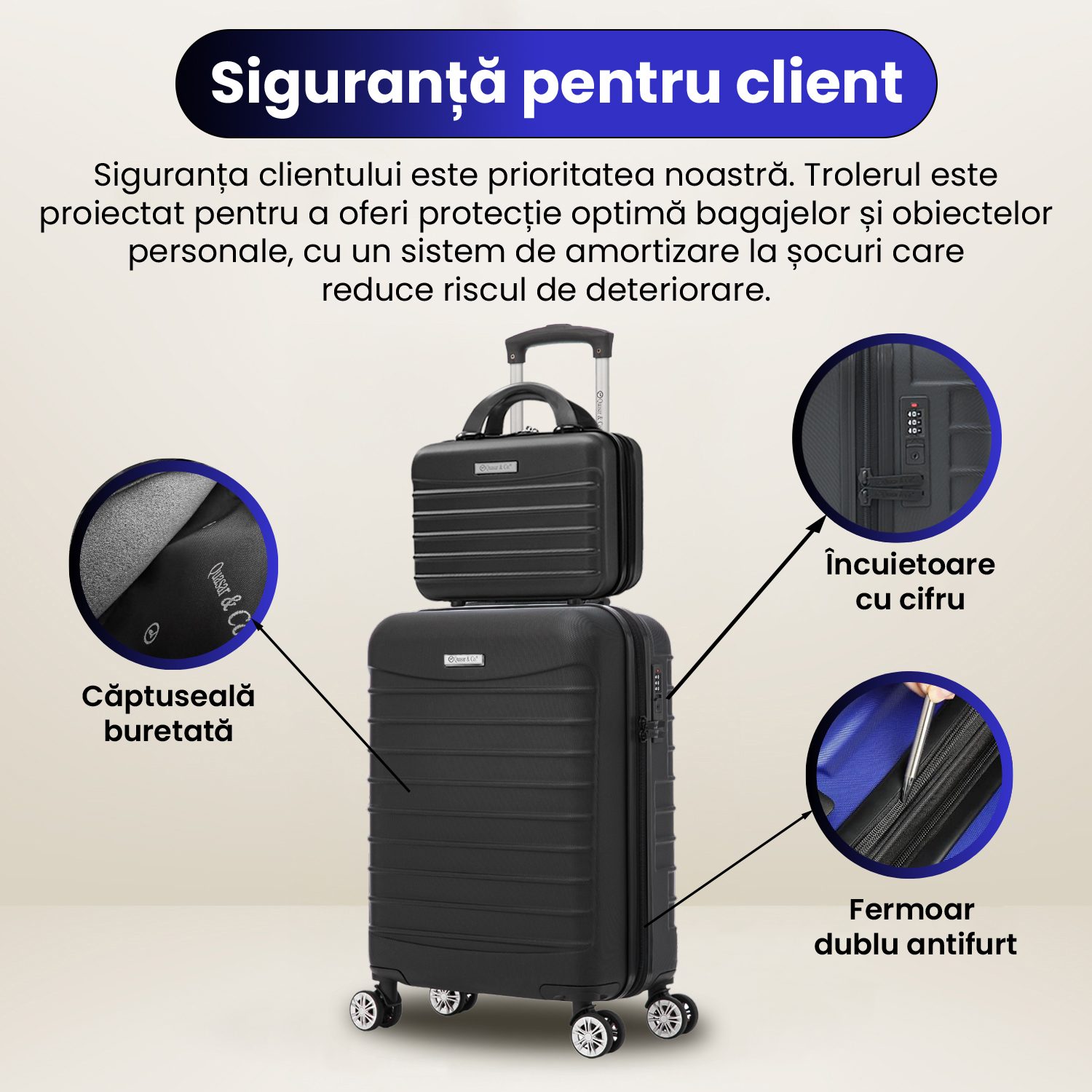 A2 Set troler cabina cu geanta cosmetice Quasar & Co.®, valiza cabina avion, 55x36x20/28x22x14cm, 4 roti duble 360°, bagaj de mana, troller cu fermoar antifurt, cifru, maner telescopic lung, geamantan ABS 2.8 mm, LINE, Negru 14