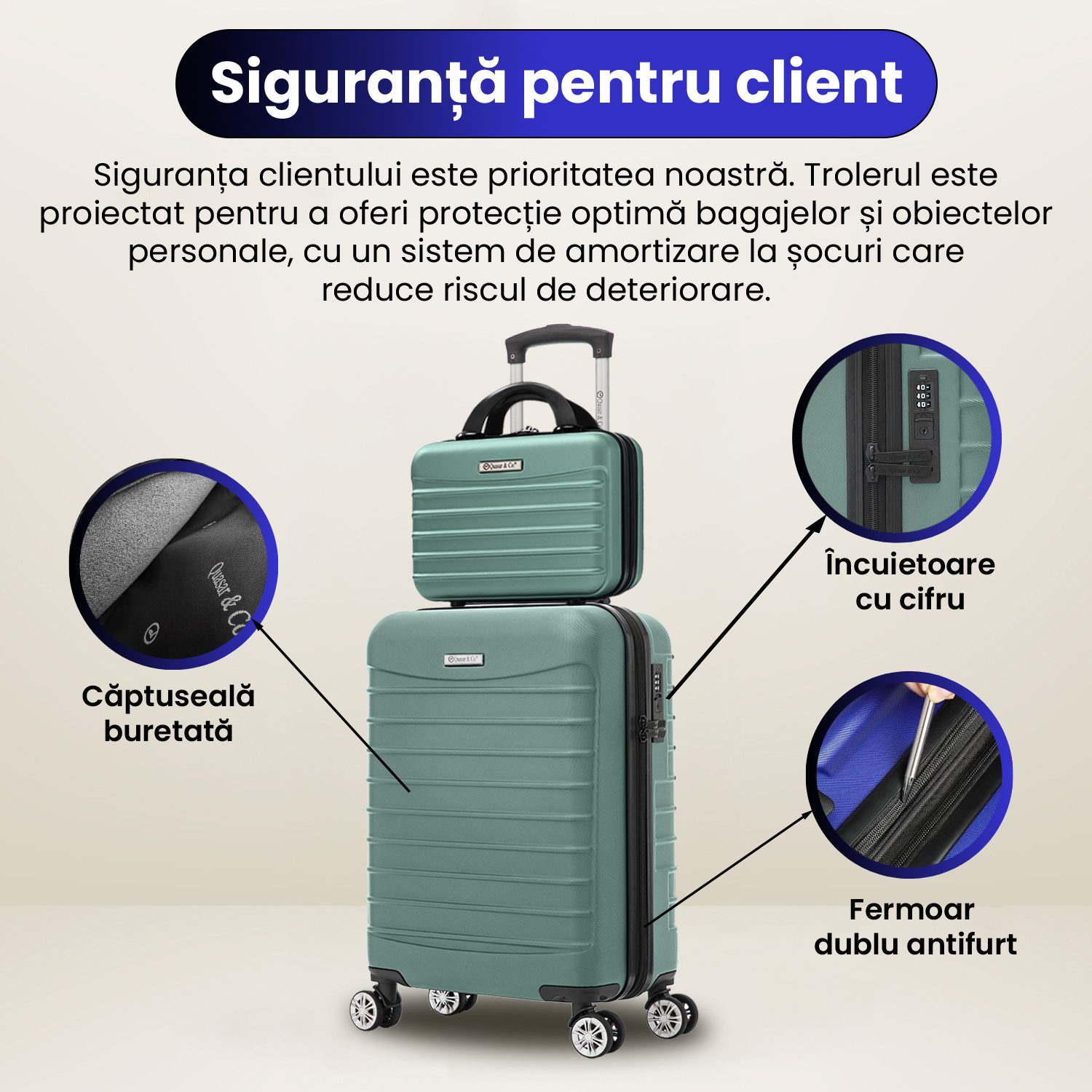 Set troler cabina cu geanta cosmetice Quasar & Co.®, valiza cabina avion, 55x36x20/28x22x14cm, 4 roti duble 360°, bagaj de mana, troller cu fermoar antifurt, cifru, maner telescopic lung, geamantan ABS 2.8 mm, LINE, Turcoaz deschis 14