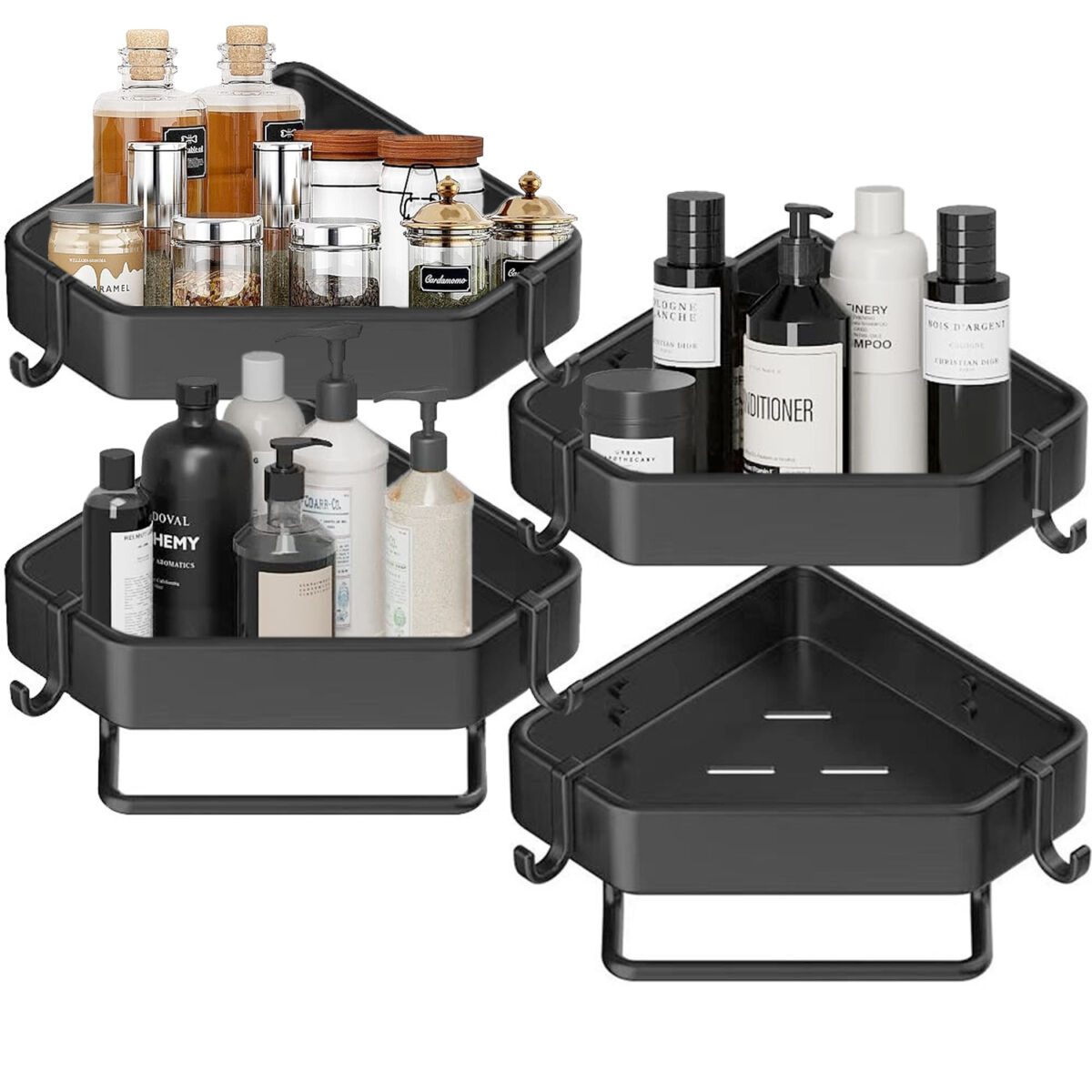 Set 4 etajere de colt, Quasar & Co.®, universale, suspendate, cu 2 bare prosop, 4 carlige, 23x23x5 cm, metal, Negru 2 Set 4 etajere de colt, Quasar & Co.®, universale, suspendate, cu 2 bare prosop, 4 carlige, 23x23x5 cm, metal, Negru 2