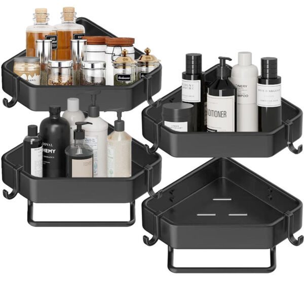 Set 4 etajere de colt, Quasar & Co.®, universale, suspendate, cu 2 bare prosop, 4 carlige, 23x23x5 cm, metal, Negru Rafturi 2026-04-18