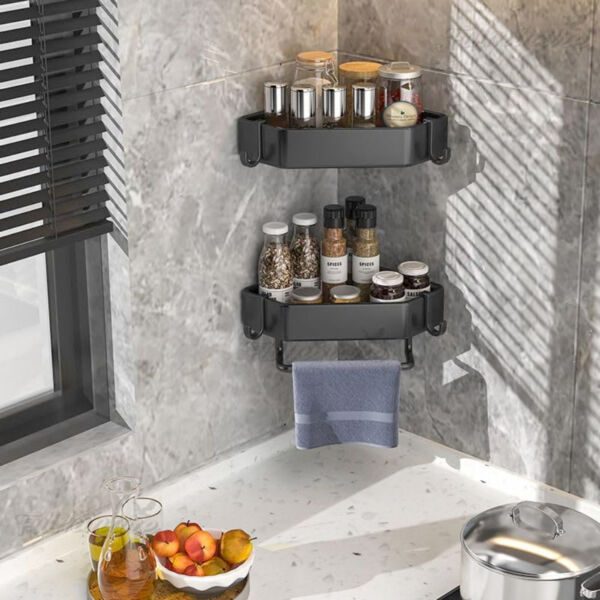 Set 4 etajere de colt, Quasar & Co.®, universale, suspendate, cu 2 bare prosop, 4 carlige, 23x23x5 cm, metal, Negru - imagine 5