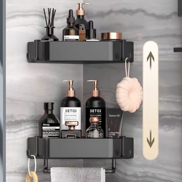 Set 4 etajere de colt, Quasar & Co.®, universale, suspendate, cu 2 bare prosop, 4 carlige, 23x23x5 cm, metal, Negru - imagine 6