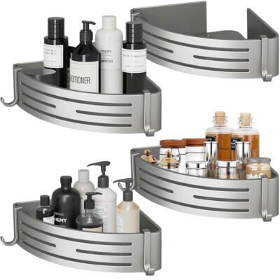 Set 4 etajere de colt, Quasar & Co.®, universale, suspendate, cu 8 carlige, 21x21x6,8 cm, aluminiu, Gri metalizat 6 Set 4 etajere de colt, Quasar & Co.®, universale, suspendate, cu 8 carlige, 21x21x6,8 cm, aluminiu, Gri metalizat 6