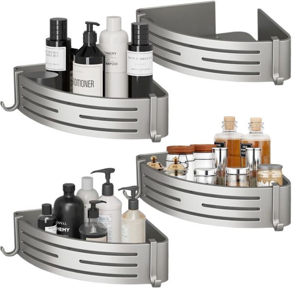 Set 4 etajere de colt, Quasar & Co.®, universale, suspendate, cu 8 carlige, 21x21x6,8 cm, aluminiu, Gri metalizat Rafturi 2026-04-18 2