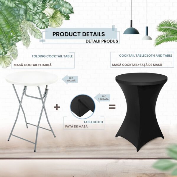 Set masa evenimente cu husa, Quasar & Co.®, banchet/catering, inalta, rotunda, picioare metal pliabile, d80 cm, h110 cm, ABS/metal, Alb - imagine 2