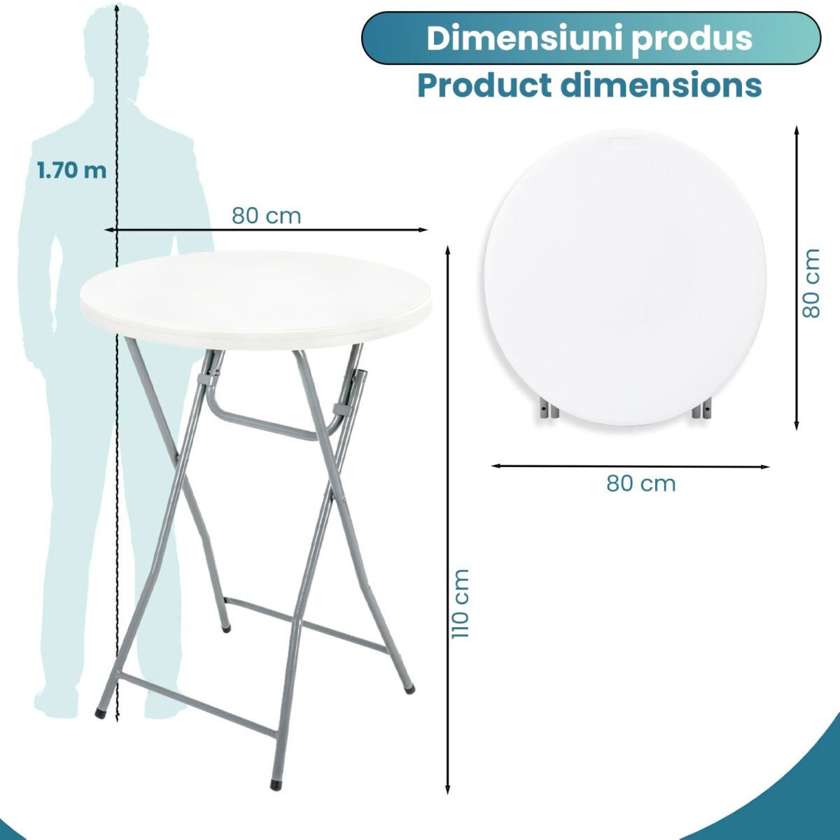 Set masa evenimente cu husa, Quasar & Co.®, banchet/catering, inalta, rotunda, picioare metal pliabile, d80 cm, h110 cm, ABS/metal, Alb 3