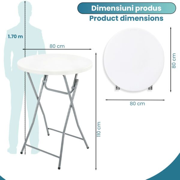 Set masa evenimente cu husa, Quasar & Co.®, banchet/catering, inalta, rotunda, picioare metal pliabile, d80 cm, h110 cm, ABS/metal, Alb - imagine 3