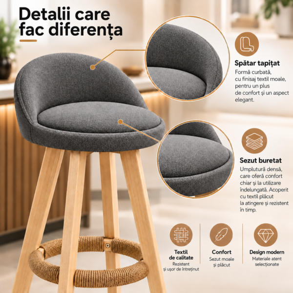 Scaun inalt bar, Quasar & Co.®, scaune bar cu sistem rotire 360°, rotative, tapitate, pretabile bucatarie, lemn / textil, LOFT, gri