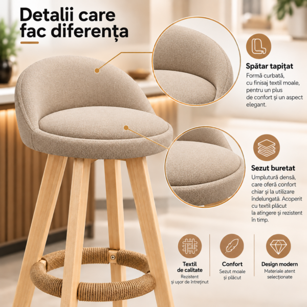 Set 2 scaune inalte bar, Quasar & Co.®, scaun bar cu sistem rotire 360°, rotative, tapitate, pretabile bucatarie, lemn / textil, LOFT, ivoire Set 2 scaune inalte bar, Quasar & Co.®, scaun bar cu sistem rotire 360°, rotative, tapitate, pretabile bucatarie, lemn / textil, LOFT, ivoire