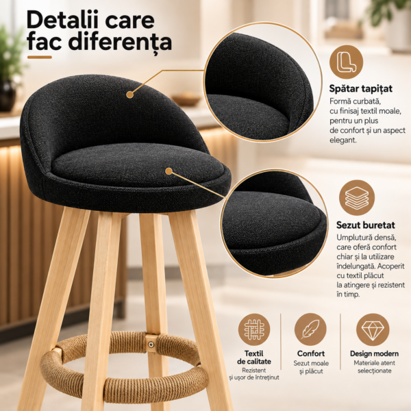 Scaun inalt bar, Quasar & Co.®, scaune bar cu sistem rotire 360°, rotative, tapitate, pretabile bucatarie, lemn / textil, LOFT, negru