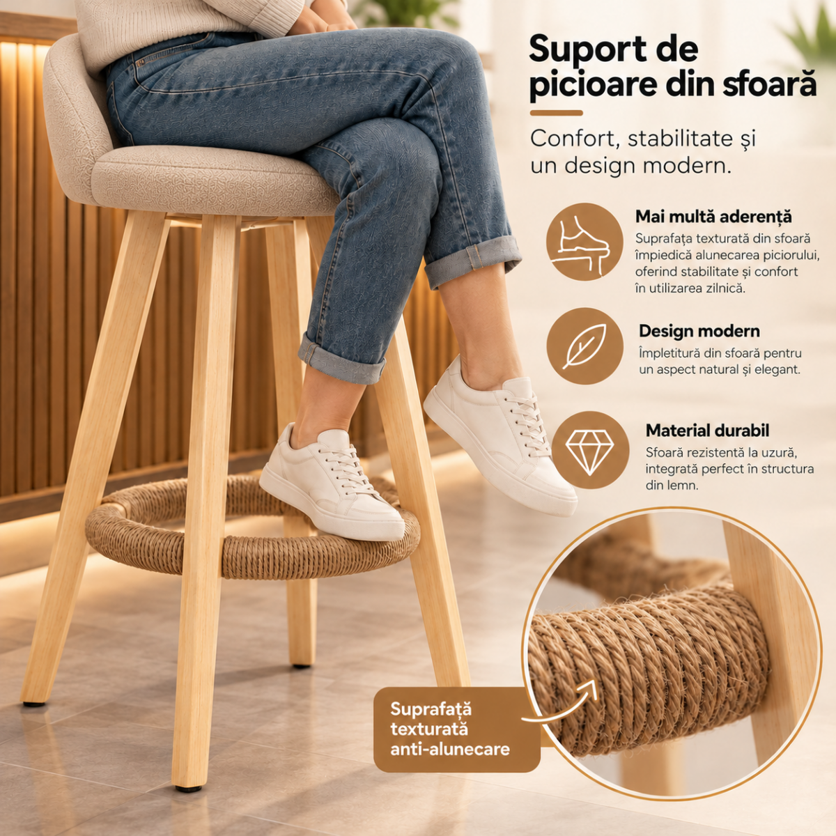 Set 2 scaune inalte bar, Quasar & Co.®, scaun bar cu sistem rotire 360°, rotative, tapitate, pretabile bucatarie, lemn / textil, LOFT, ivoire 4