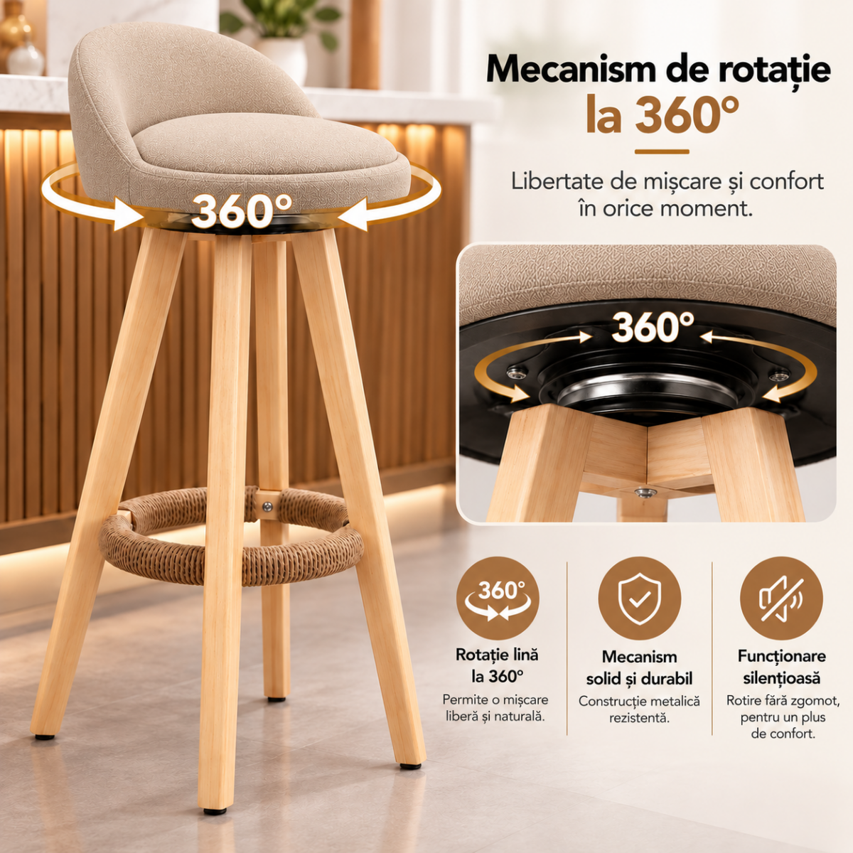Set 2 scaune inalte bar, Quasar & Co.®, scaun bar cu sistem rotire 360°, rotative, tapitate, pretabile bucatarie, lemn / textil, LOFT, ivoire 5