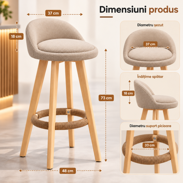 Set 2 scaune inalte bar, Quasar & Co.®, scaun bar cu sistem rotire 360°, rotative, tapitate, pretabile bucatarie, lemn / textil, LOFT, ivoire - imagine 6