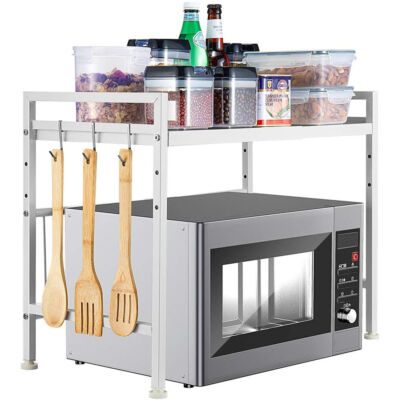 Raft cuptor microunde, Quasar & Co.®, suport bucatarie, rafturi ajustabile pe lungime de la 40 la 60 cm, etajera cu cadru metalic cu 3 carlige, model Rack, 40-60 x 32 x 48 cm, alb 7