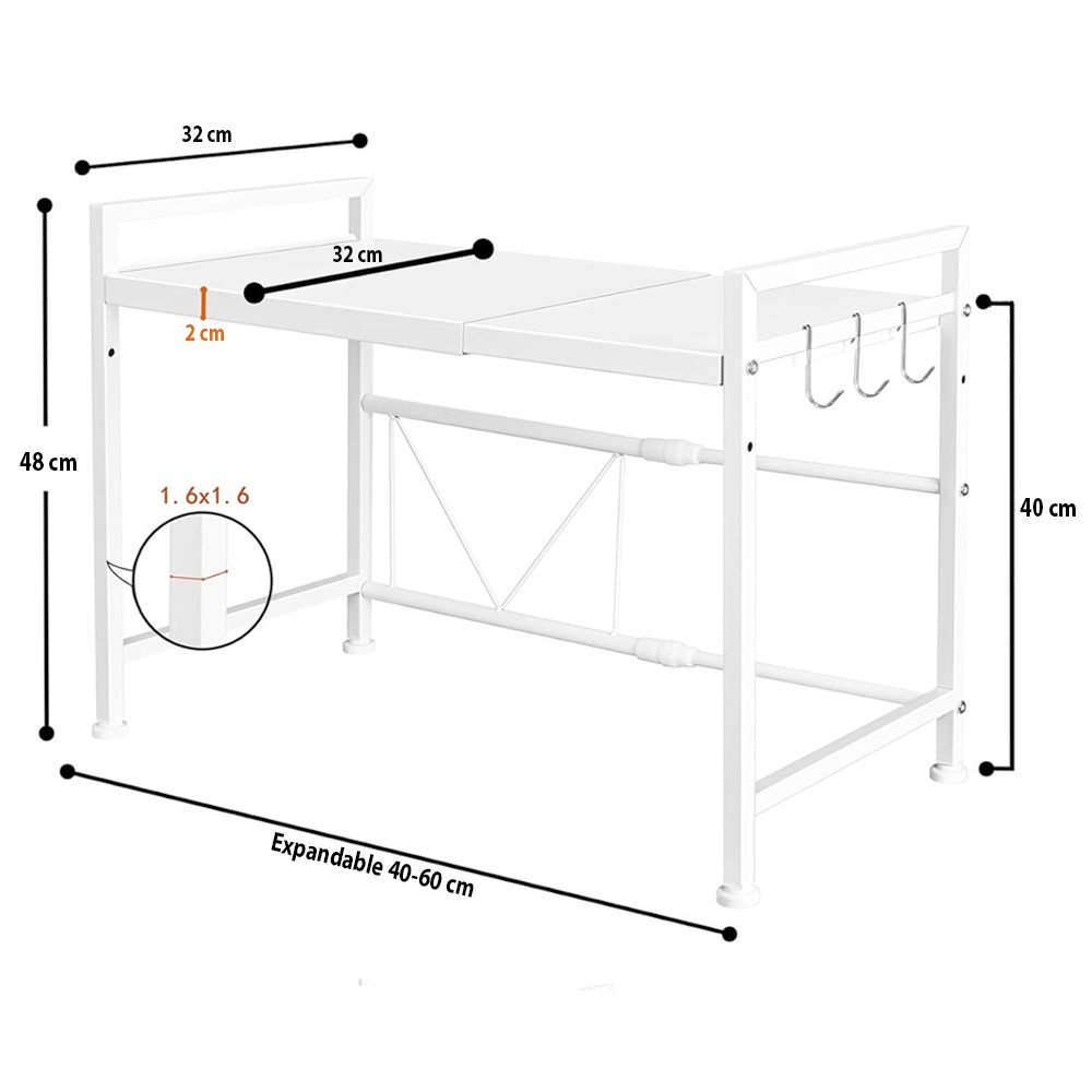 Raft cuptor microunde, Quasar & Co.®, suport bucatarie, rafturi ajustabile pe lungime de la 40 la 60 cm, etajera cu cadru metalic cu 3 carlige, model Rack, 40-60 x 32 x 48 cm, alb 6