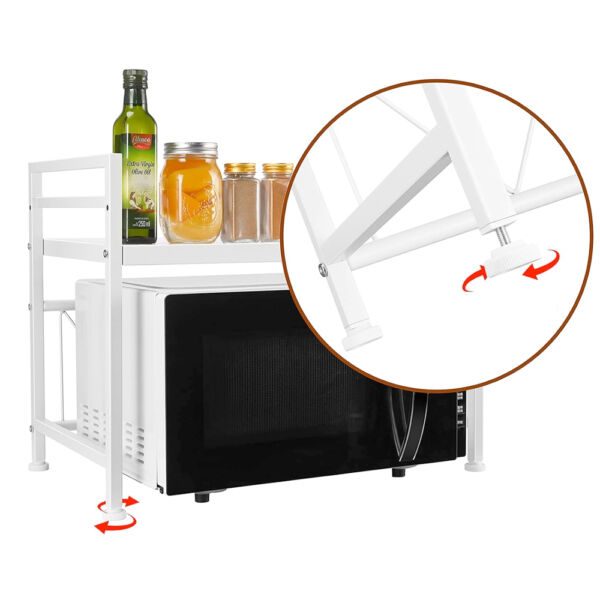 Raft cuptor microunde, Quasar & Co.®, suport bucatarie, rafturi ajustabile pe lungime de la 40 la 60 cm, etajera cu cadru metalic cu 3 carlige, model Rack, 40-60 x 32 x 48 cm, alb - imagine 3