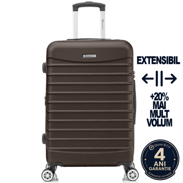 Troler mare extensibil Quasar & Co.®, 77x53x32-37cm, bagaj de cala, troller avion cu fermoar antifurt, cifru, maner telescopic, geamantan cu 4 roti duble silentioase 360°, valiza ABS 2.8 mm, 2 compartimente cu buzunar, LINE, Dark Coffee Troler mare extensibil Quasar & Co.®, 77x53x32-37cm, bagaj de cala, troller avion cu fermoar antifurt, cifru, maner telescopic, geamantan cu 4 roti duble silentioase 360°, valiza ABS 2.8 mm, 2 compartimente cu buzunar, LINE, Dark Coffee