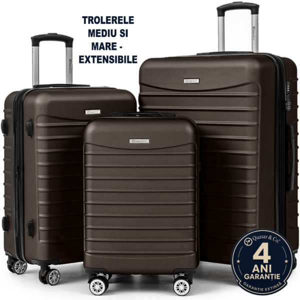 Set 3 trolere Quasar & Co.®, S/M/L, valize cu fermoar antifurt, bagaje cu cifru, maner telescopic, geamantane cu 4 roti duble silentioase 360°, ABS 2.8 mm extradur, captuseala buretata, cate 2 compartimente cu buzunar, LINE, Dark Coffee Set 3 trolere Quasar & Co.®, S/M/L, valize cu fermoar antifurt, bagaje cu cifru, maner telescopic, geamantane cu 4 roti duble silentioase 360°, ABS 2.8 mm extradur, captuseala buretata, cate 2 compartimente cu buzunar, LINE, Dark Coffee