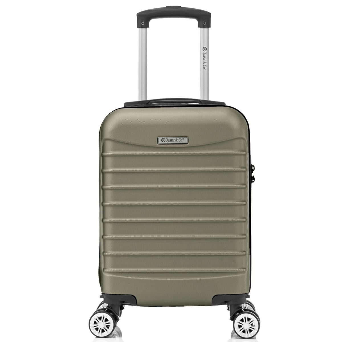 Troler cabina avion Quasar & Co.®, 40x30x20cm, bagaj de mana, troller cu fermoar sigur, cifru, maner telescopic lung, geamantan cu 4 roti duble detasabile, 360°, valiza ABS 2.8 mm, rezistent, 2 compartimente cu buzunar, 10kg, LINE, Sampanie 3