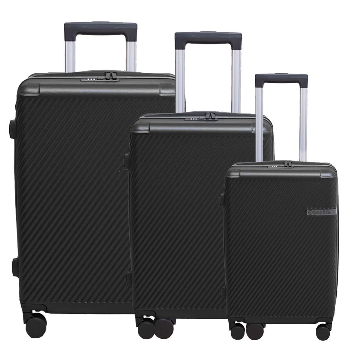 Set 3 trolere, Quasar & Co.®, S/M/L, valize, bagaje cu cifru, maner telescopic, geamantane cu 4 roti duble silentioase 360°, ABS, cate 2 compartimente cu buzunar, LUXOR, negru 2 Set 3 trolere, Quasar & Co.®, S/M/L, valize, bagaje cu cifru, maner telescopic, geamantane cu 4 roti duble silentioase 360°, ABS, cate 2 compartimente cu buzunar, LUXOR, negru 2