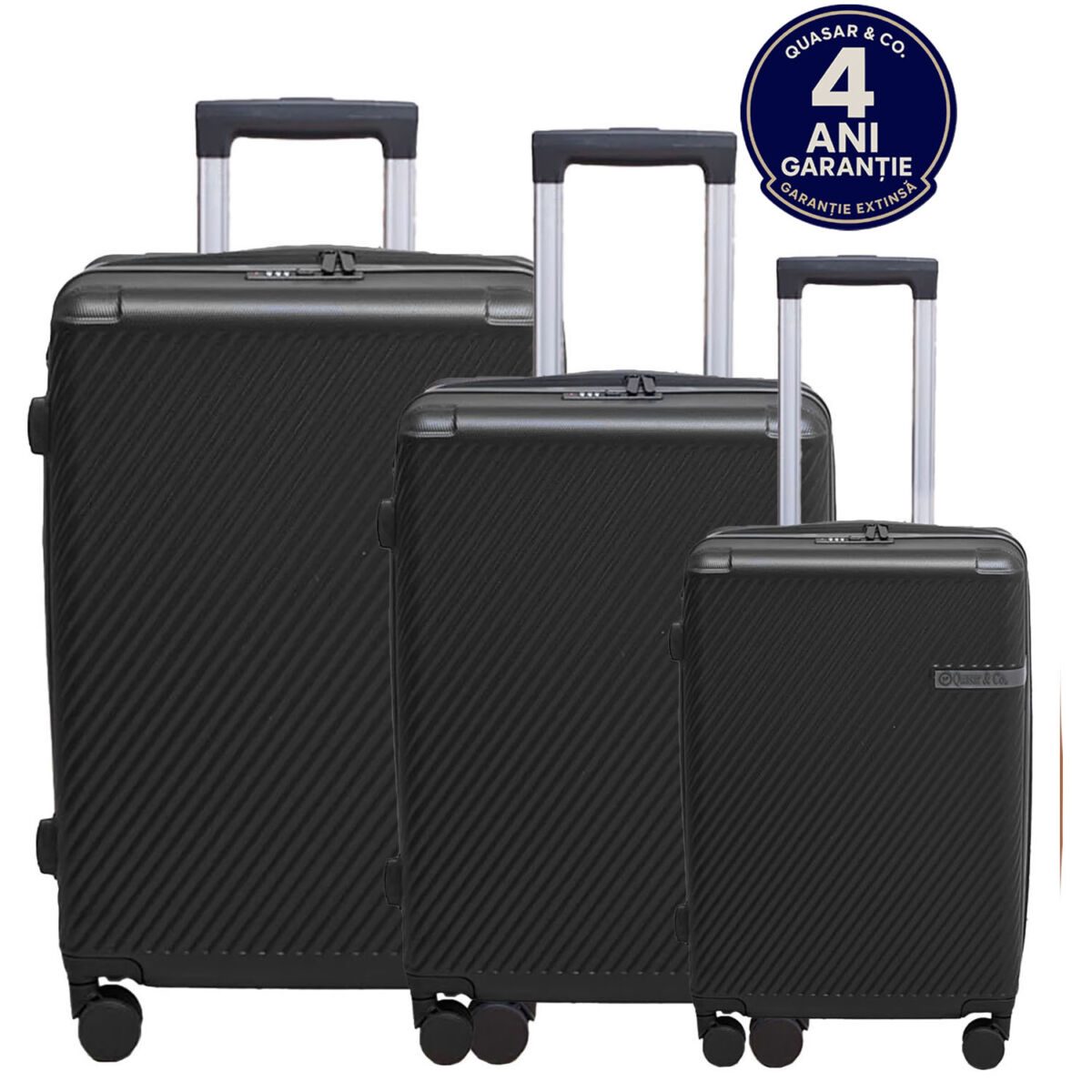 1 copy romana Set 3 trolere, Quasar & Co.®, S/M/L, valize, bagaje cu cifru, maner telescopic, geamantane cu 4 roti duble silentioase 360°, ABS, cate 2 compartimente cu buzunar, LUXOR, negru