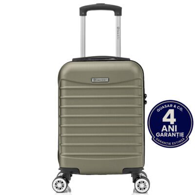 Troler cabina avion Quasar & Co.®, 40x30x20cm, bagaj de mana, troller cu fermoar sigur, cifru, maner telescopic lung, geamantan cu 4 roti duble detasabile, 360°, valiza ABS 2.8 mm, rezistent, 2 compartimente cu buzunar, 10kg, LINE, Sampanie 8